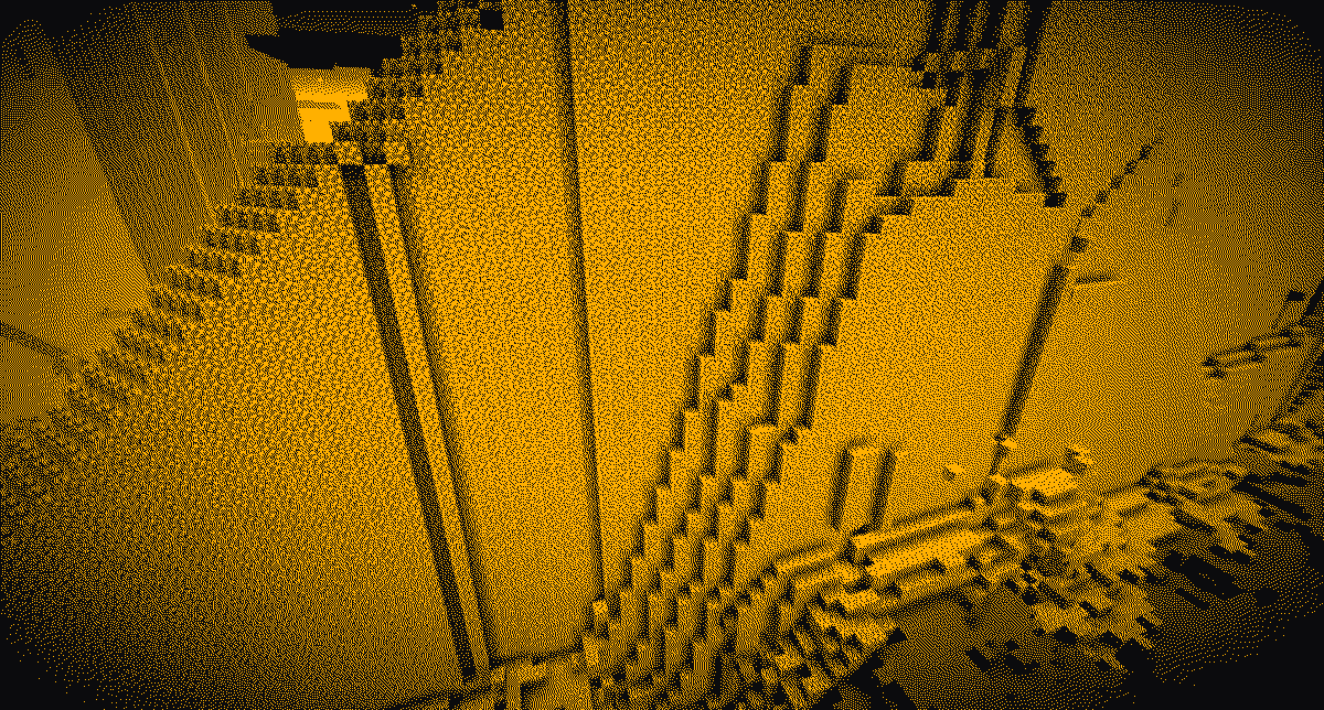 Dithered CCTV still: the eternel.eu spawn wasteland, captured by the autonomous camera bot