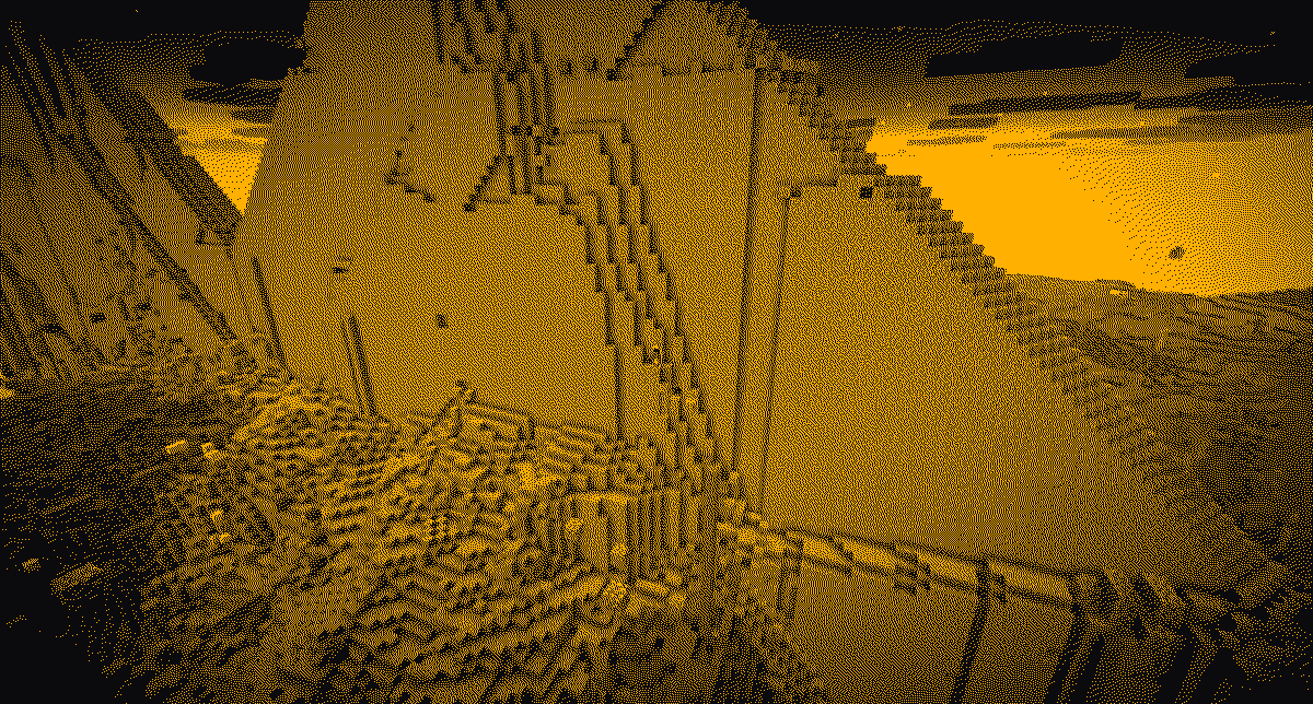 Dithered CCTV still: griefed ruins near eternel.eu spawn — the anarchy column, working as designed